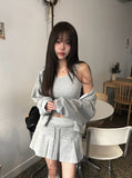 [3pc set] Raeun Sleeveless Hood Zip-up Pleats Skirt Set