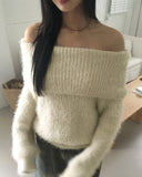 Lisle Pom Pom Angora Loose Fit Off Shoulder Fur Knit