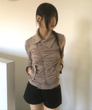 Tokin Ribbed High Neck Shirring Diagonal Zipper Zip-up