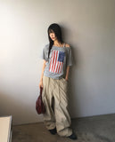 Det Vintage American Flag Printing One-Off-Shoulder Short Sleeve T-Shirt