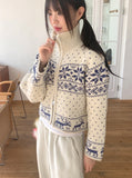 Sikok Snow Flower Nordic Pattern Two-Way Knit Zip-Up Cardigan
