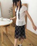 Laen ribbon puff short sleeve blouse