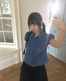 Rehue Check Shirring Banding Puff Short Sleeve Blouse