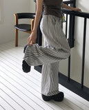 Satin Linen Stripe Wide Banding Long Pants