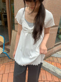 Nahills Shirring Short Sleeve Layered Ribbon Ribbed Tee