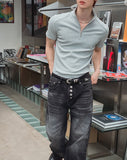 Ziden Half Zip-Up Ribbed Short-Sleeve T-Shirt