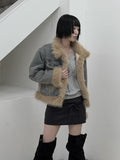 Fur trimmed quilted denim jacket