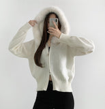 Two-Way Fur Hood Slim Fit Knit Zip-Up
