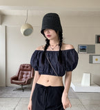 Minen Denim Off Shoulder Cropped Short Sleeve Blouse