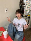 Bobona Cat Printing Crop Short Sleeve Tee