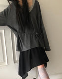 Nocket String Loose Fit V-neck Long Sleeve T-Shirt