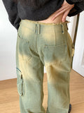 All Teen Vintage Yellow Washing Pocket Cargo Fringe Denim Long Wide Pants