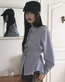 Wav Stripe Slim Button Shirring Cotton Two-Way Long Sleeve Shirt