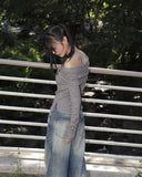 Vision Belt Buckle Shirring Ribbed Off-Shoulder T-Shirt