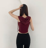 Waffle V-neck Hood Sleeveless Knit T-shirt
