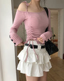 Delitte Stripe Unbalanced Shoulder Long Sleeve