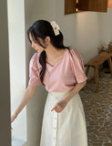 Romance Heart Neck Short Sleeve Puff T-Shirt