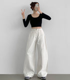 4-Season Hem Snap Long Wide Cotton Pants