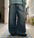 Koiten side pin tuck washing wide denim pants