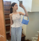 Frill Stripe Vacation Look Summer Wide Banding Pants