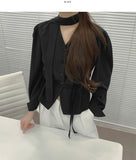 Waist Strap Neck Tie Balloon Puff Blouse