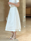 Digen Check Dot String Layered Long Skirt