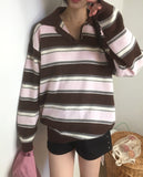 Kippek Stripe Color Matching PK Collar Knit