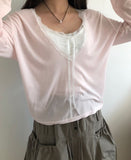 Tenver V-Neck Lace Long Sleeve T-Shirt