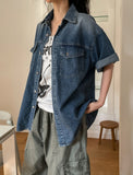 Ruff unbalanced pocket denim short sleeve shirt