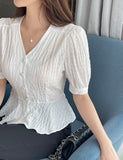 Betty V-neck Embossed Wrinkle Peplum Blouse