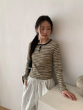 Mibat Stripe Henley Neck Long Sleeve Tee