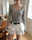 [U-BASIC] Marron Square Neck Slim Long Sleeve