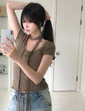 [Scarf SET] Mocha Lace Ribbed Short Sleeve Set