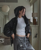 Binsi Pocket Overfit Hood Leather Jumper