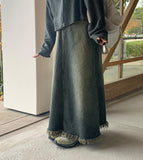 Ikoi Vintage Fringe Washed Denim Long Skirt
