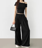 One Off-Shoulder T-shirt Two Pin Tuck Maxi Wide Pants Two Piece Set
