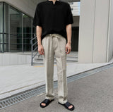 Linen semi-wide banding pants