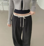 Color Matching Banding Side Zipper Pintuck Wide Slacks Pants
