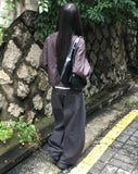 Dumb High Neck Cut Pocket String Leather Jacket