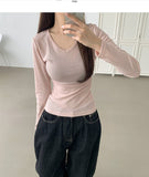 V-neck Side Shirring Point Daily Slim Fit Long Sleeve T-shirt