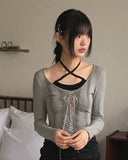 Frka lace string sleeveless brushed long sleeve T-shirt