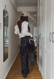 Heart pink stitch indigo denim pants