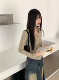 Tully Bokashi Shirring Ribbed Collar Button Long Sleeve Cardigan