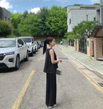 Linen Sleeveless Banding Long Wide Two-Piece Set Vacation Look Summer Outfit