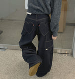 Heart Back Pocket Raw Non-fade Carpenter Balloon Wide Denim Pants