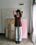 Kiaco Heart Neck Puff Ribbon Punching Short Sleeve Blouse