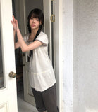 Juon Shirred Button Loose Fit Henley Neck Short Sleeve T-shirt