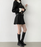 Tweed Two-Piece Crop Jacket Belt Mini Skirt Pants Set