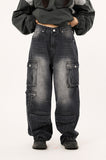 Multi cargo hem snap button heavy denim pants
