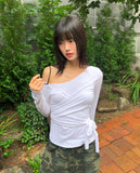 Evin Ribbon Unbalanced Layered One-Off Shoulder Long Sleeve T-Shirt